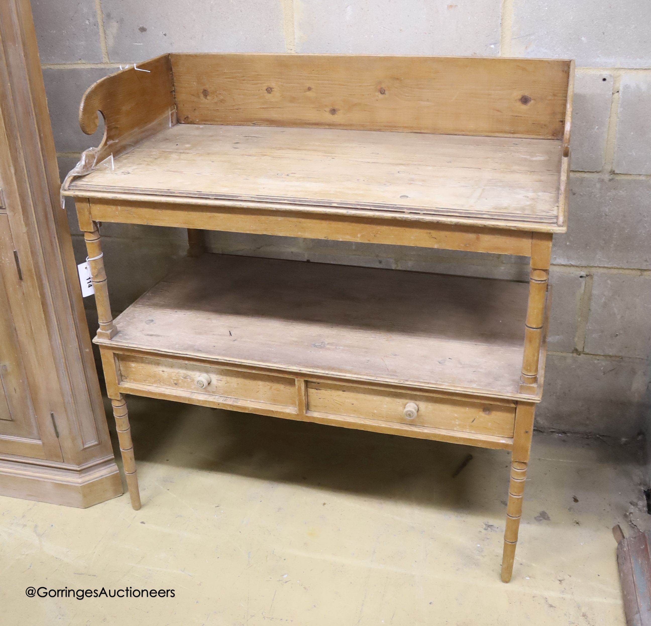 A Regency pine two tier washstand, width 90cm depth 47cm height 94cm